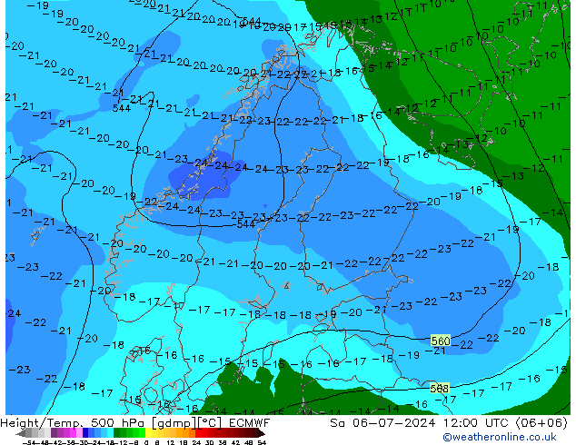 Z500/Rain (+SLP)/Z850 ECMWF 星期六 06.07.2024 12 UTC