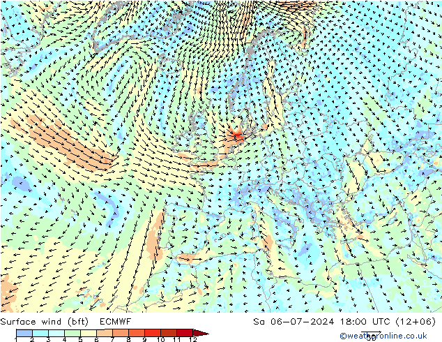 Wind 10 m (bft) ECMWF za 06.07.2024 18 UTC