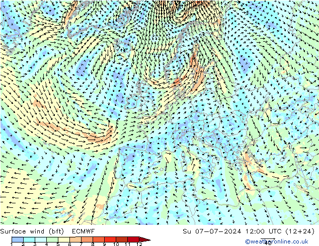 Wind 10 m (bft) ECMWF zo 07.07.2024 12 UTC
