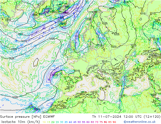 Isotachen (km/h) ECMWF do 11.07.2024 12 UTC