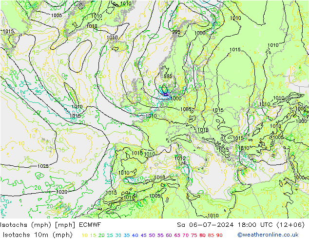 Isotachen (mph) ECMWF za 06.07.2024 18 UTC