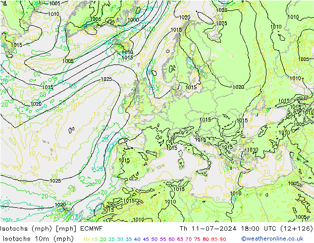 Isotachs (mph) ECMWF 星期四 11.07.2024 18 UTC