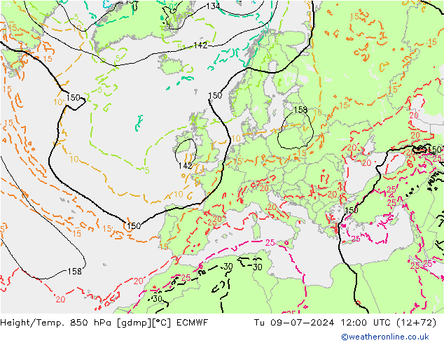 Hoogte/Temp. 850 hPa ECMWF di 09.07.2024 12 UTC