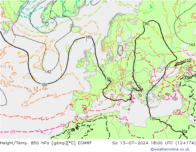 Hoogte/Temp. 850 hPa ECMWF za 13.07.2024 18 UTC