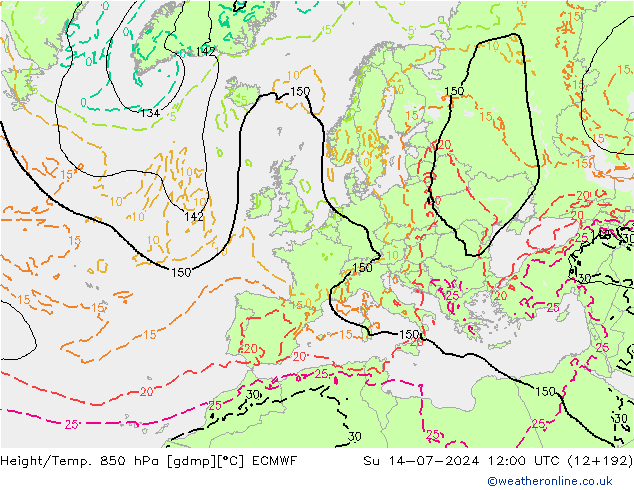 Z500/Rain (+SLP)/Z850 ECMWF 星期日 14.07.2024 12 UTC