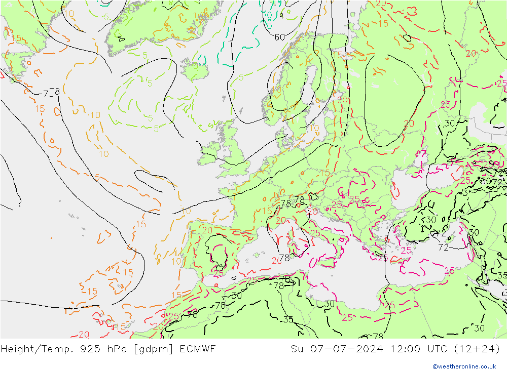 Height/Temp. 925 hPa ECMWF 星期日 07.07.2024 12 UTC
