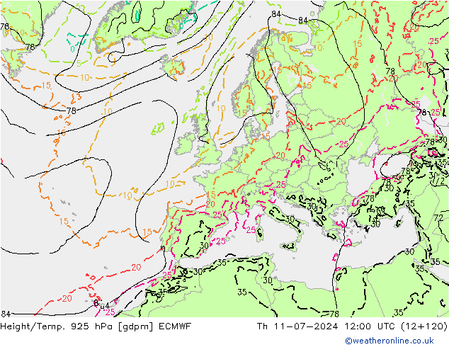 Height/Temp. 925 hPa ECMWF 星期四 11.07.2024 12 UTC