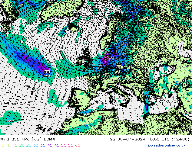 Wind 850 hPa ECMWF za 06.07.2024 18 UTC