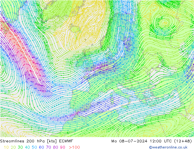风 200 hPa ECMWF 星期一 08.07.2024 12 UTC