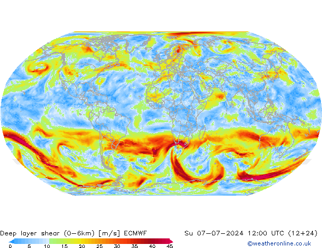 Deep layer shear (0-6km) ECMWF 星期日 07.07.2024 12 UTC