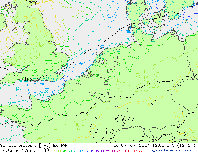 10米等风速线 (kph) ECMWF 星期日 07.07.2024 12 UTC