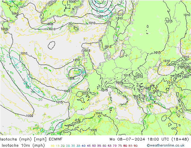 Isotachen (mph) ECMWF ma 08.07.2024 18 UTC