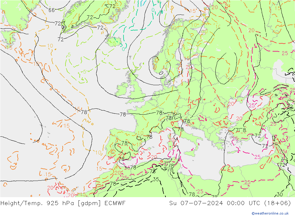 Height/Temp. 925 hPa ECMWF 星期日 07.07.2024 00 UTC