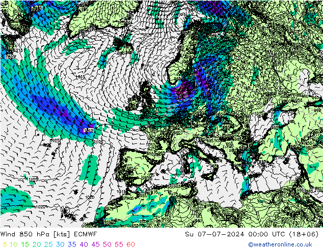 Wind 850 hPa ECMWF zo 07.07.2024 00 UTC