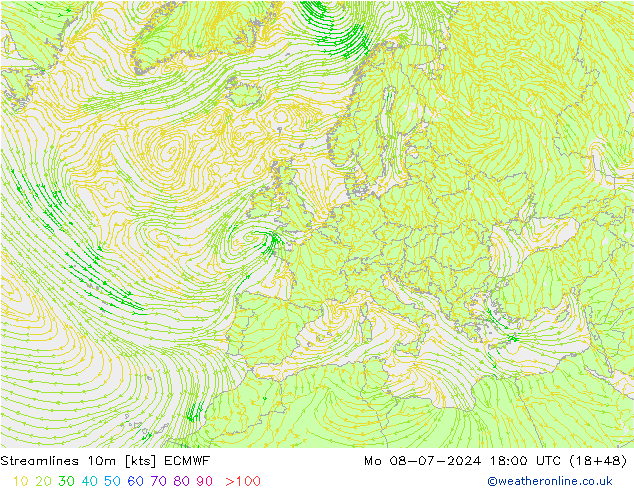 Stroomlijn 10m ECMWF ma 08.07.2024 18 UTC