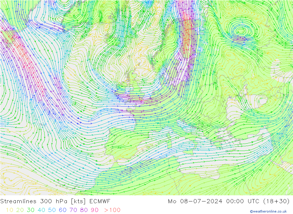 Stroomlijn 300 hPa ECMWF ma 08.07.2024 00 UTC