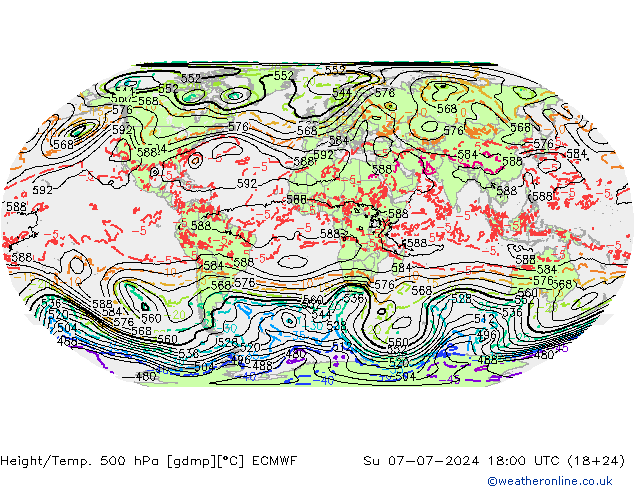 Z500/Rain (+SLP)/Z850 ECMWF 星期日 07.07.2024 18 UTC