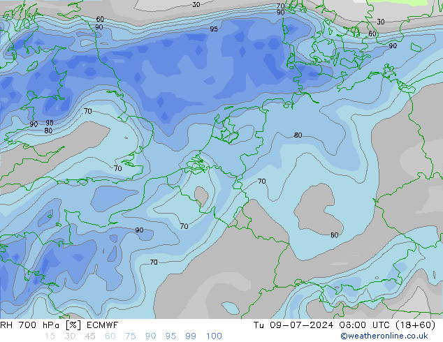 RH 700 hPa ECMWF 星期二 09.07.2024 06 UTC