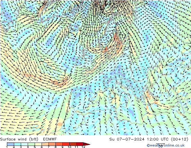 Wind 10 m (bft) ECMWF zo 07.07.2024 12 UTC