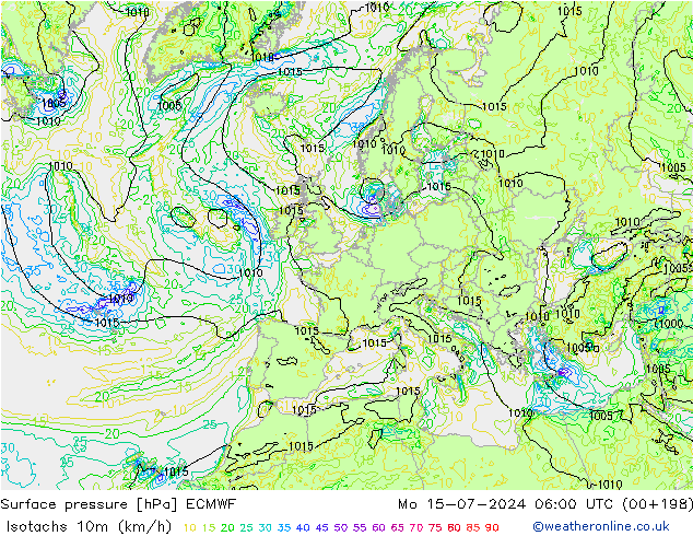 10米等风速线 (kph) ECMWF 星期一 15.07.2024 06 UTC