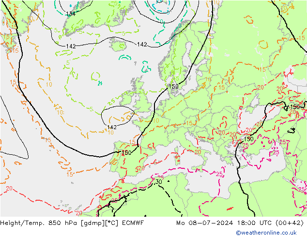 Height/Temp. 850 hPa ECMWF 星期一 08.07.2024 18 UTC