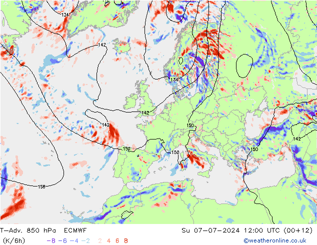 T-Adv. 850 hPa ECMWF 星期日 07.07.2024 12 UTC