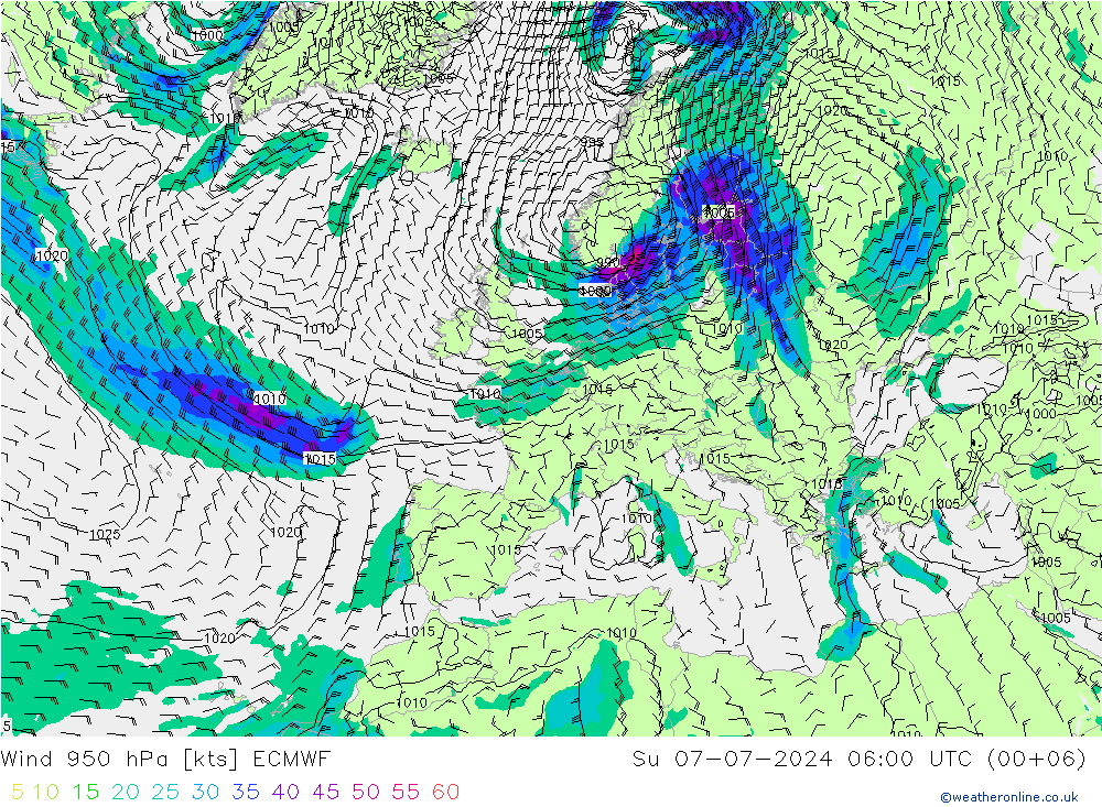 风 950 hPa ECMWF 星期日 07.07.2024 06 UTC