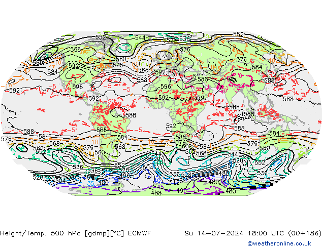 Z500/Rain (+SLP)/Z850 ECMWF 星期日 14.07.2024 18 UTC