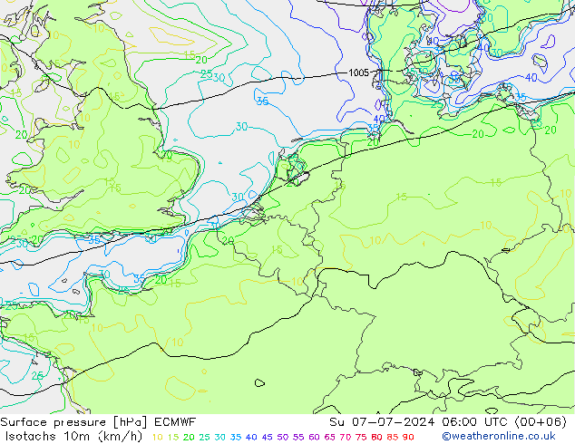 10米等风速线 (kph) ECMWF 星期日 07.07.2024 06 UTC