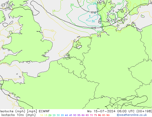 Isotachs (mph) ECMWF 星期一 15.07.2024 06 UTC
