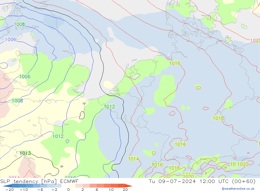 Druktendens (+/-) ECMWF di 09.07.2024 12 UTC