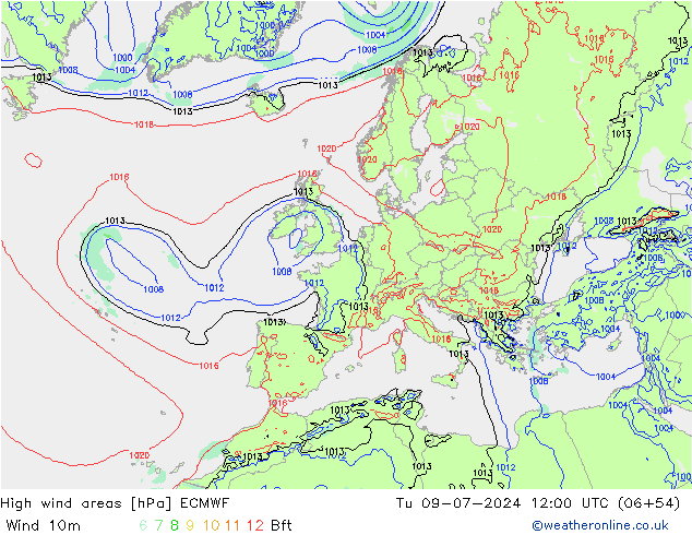 High wind areas ECMWF 星期二 09.07.2024 12 UTC