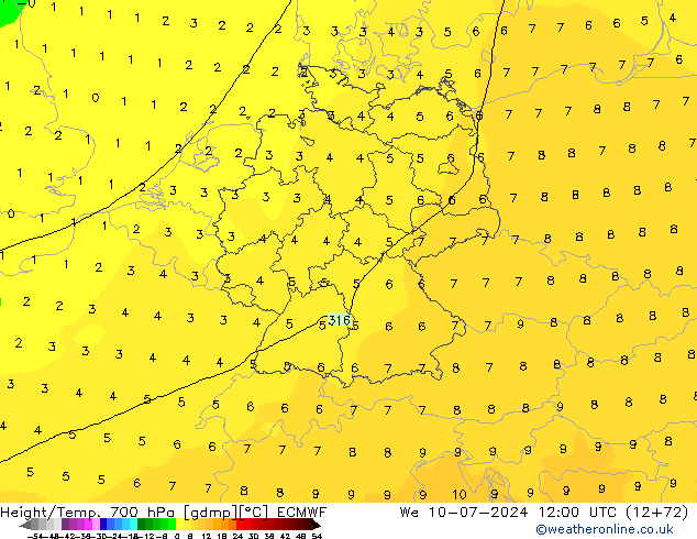 Hoogte/Temp. 700 hPa ECMWF wo 10.07.2024 12 UTC
