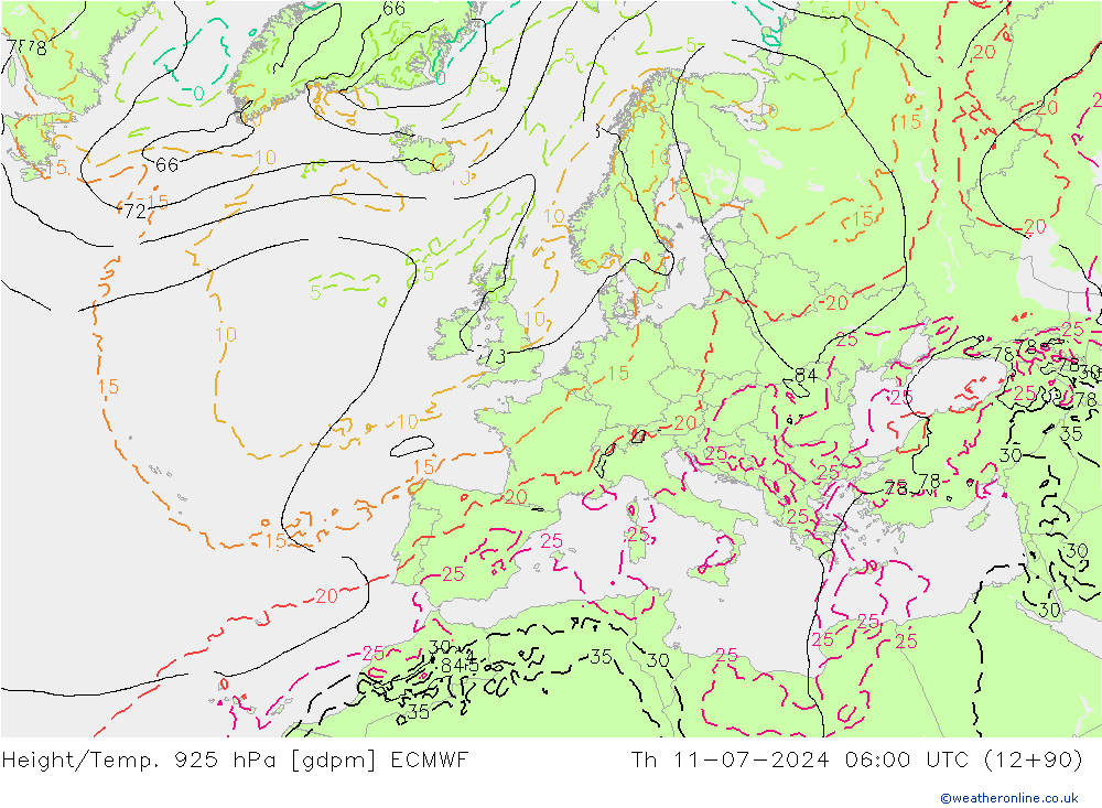 Height/Temp. 925 hPa ECMWF 星期四 11.07.2024 06 UTC