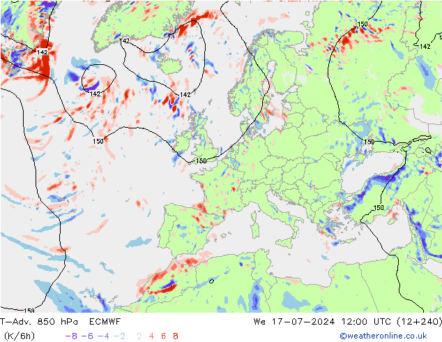 T-Adv. 850 hPa ECMWF 星期三 17.07.2024 12 UTC