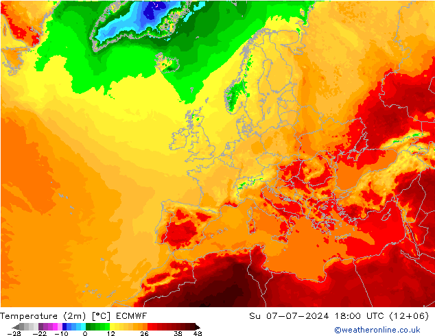 Temperatuurkaart (2m) ECMWF zo 07.07.2024 18 UTC