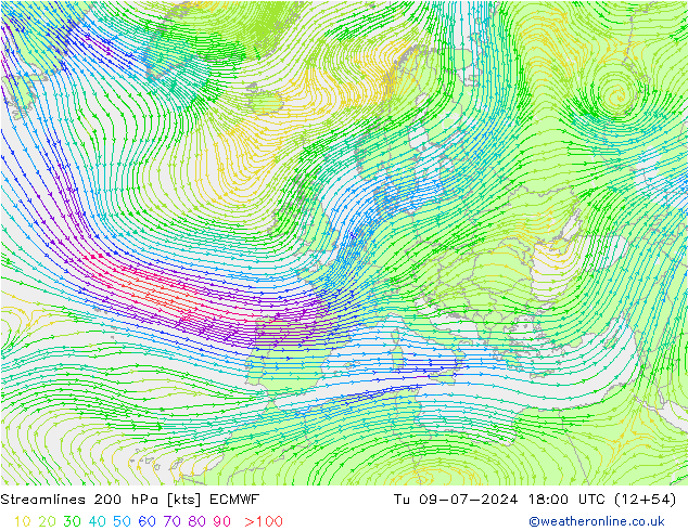 风 200 hPa ECMWF 星期二 09.07.2024 18 UTC