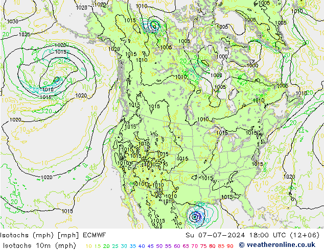 Isotachs (mph) ECMWF 星期日 07.07.2024 18 UTC