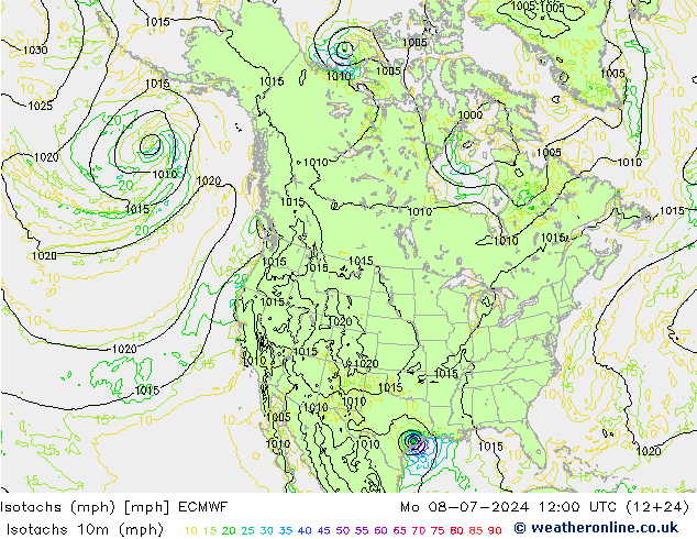 Isotachen (mph) ECMWF ma 08.07.2024 12 UTC