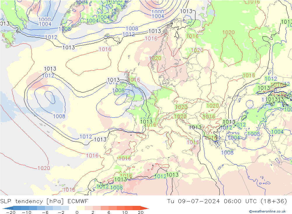 Druktendens (+/-) ECMWF di 09.07.2024 06 UTC
