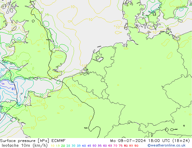 Isotachen (km/h) ECMWF ma 08.07.2024 18 UTC