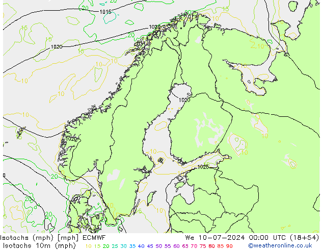 Isotachen (mph) ECMWF wo 10.07.2024 00 UTC