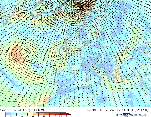 Wind 10 m (bft) ECMWF di 09.07.2024 06 UTC