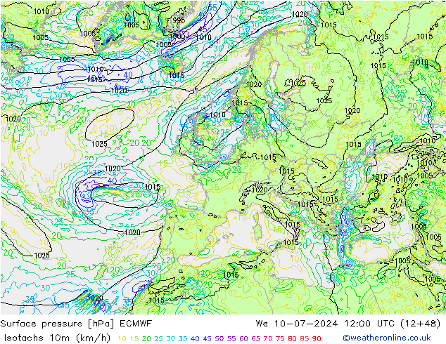 10米等风速线 (kph) ECMWF 星期三 10.07.2024 12 UTC
