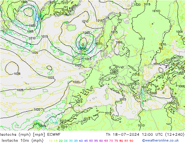 Isotachs (mph) ECMWF 星期四 18.07.2024 12 UTC