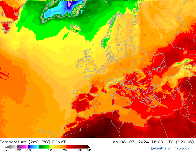 Temperatuurkaart (2m) ECMWF ma 08.07.2024 18 UTC
