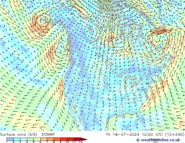 Wind 10 m (bft) ECMWF do 18.07.2024 12 UTC