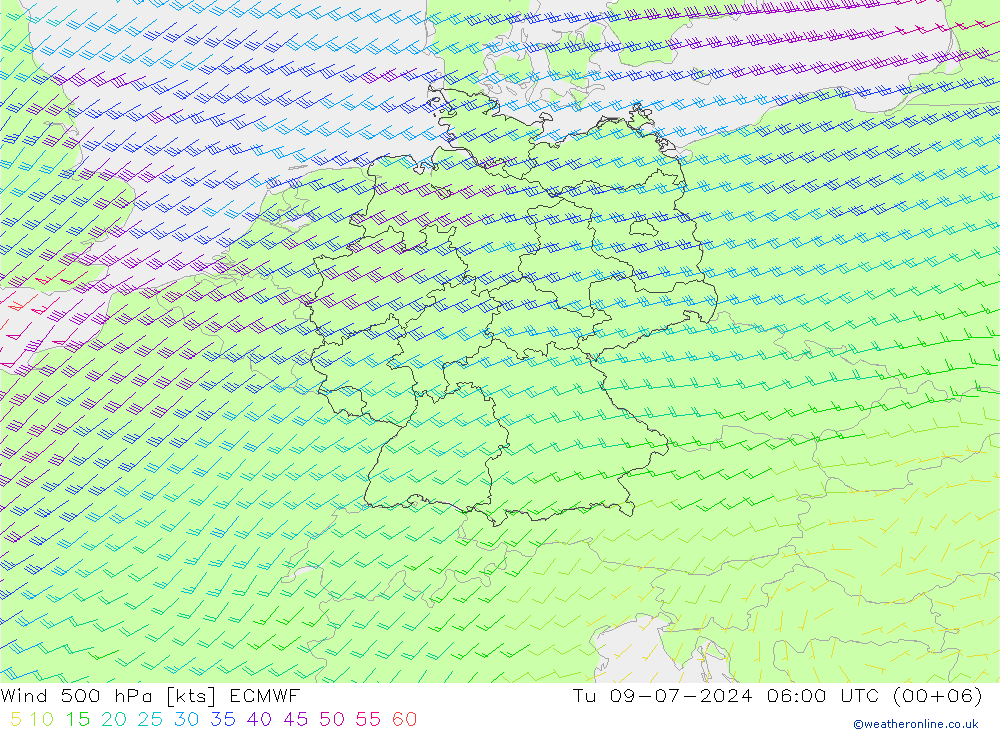 Wind 500 hPa ECMWF di 09.07.2024 06 UTC