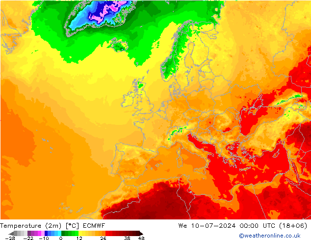 Temperatuurkaart (2m) ECMWF wo 10.07.2024 00 UTC