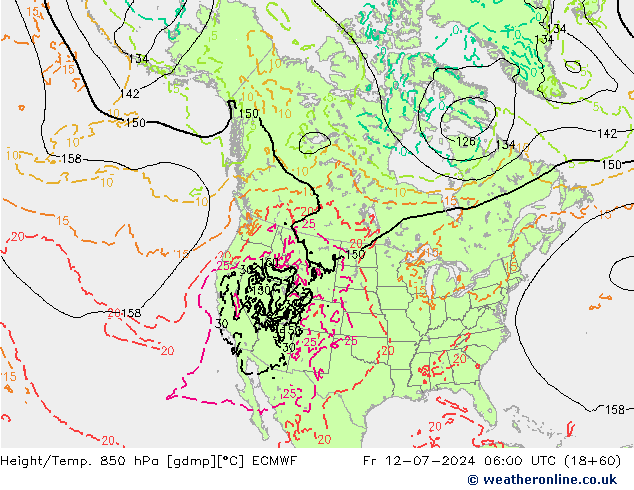 Hoogte/Temp. 850 hPa ECMWF vr 12.07.2024 06 UTC